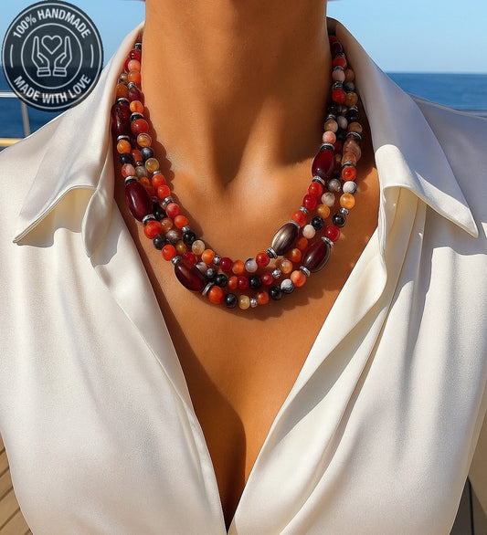 Premium Serisi Turuncu Kahverengi Akik 3 Sıralı Nazar Koruması Stres Azaltma Bereket Kolyesi