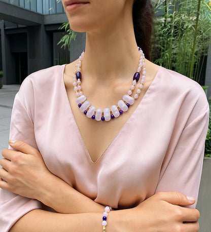 Premium serisi Pembe Kuvars Akik 2 Sıralı Özel Tasarım Kolye Bileklik Seti