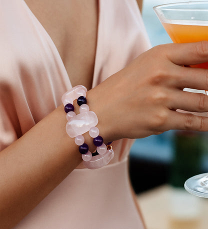 Premium serisi Pembe Kuvars Akik 2 Sıralı Özel Tasarım Kolye Bileklik Seti