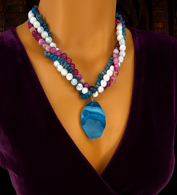 Collana in Pietra Naturale a 3 Fili di Howlite – Apatite, Pace e Serenità