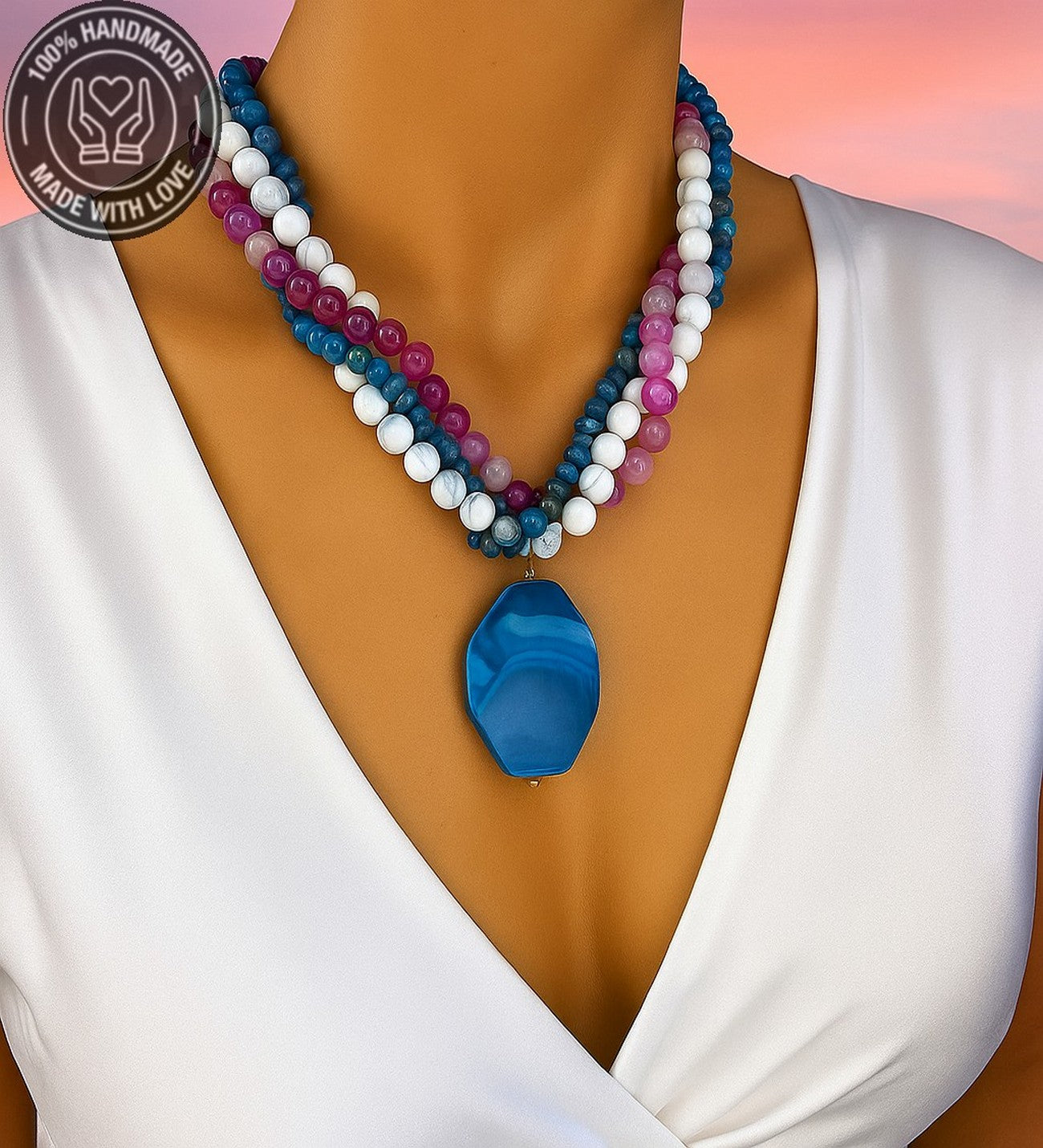 Havlit Apatit Pembe Akik 3 Sıralı Huzur,iletişim Zihinsel Berraklı Kolyesi