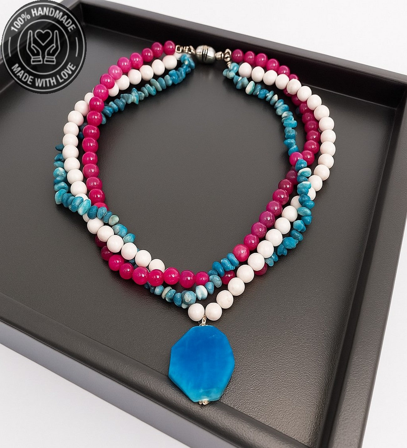 Havlit Apatit Pembe Akik 3 Sıralı Huzur,iletişim Zihinsel Berraklı Kolyesi