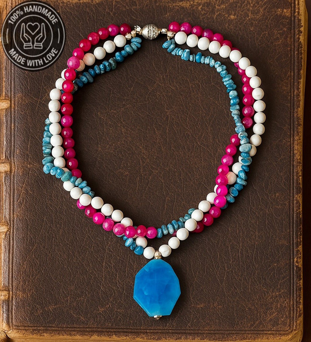 Havlit Apatit Pembe Akik 3 Sıralı Huzur,iletişim Zihinsel Berraklı Kolyesi