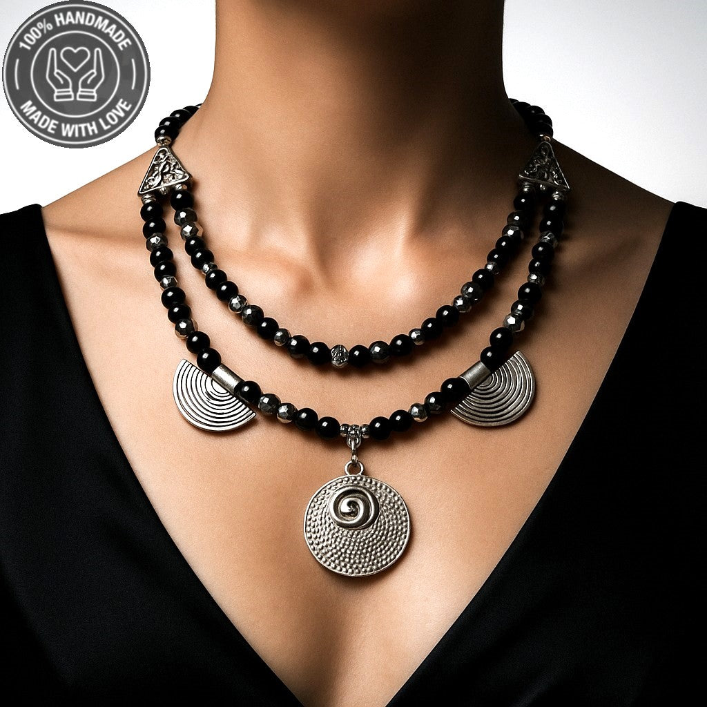 Oniks Hematit Kristal 2 Sıralı Cesaret Güç Ve Nazardan Korunma Kolyesi