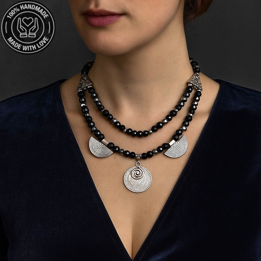 Oniks Hematit Kristal 2 Sıralı Cesaret Güç Ve Nazardan Korunma Kolyesi