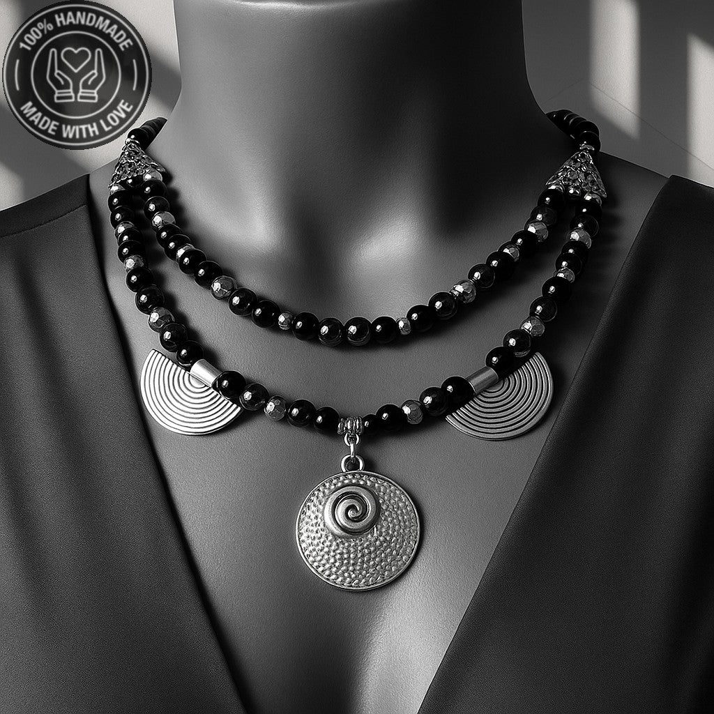 Oniks Hematit Kristal 2 Sıralı Cesaret Güç Ve Nazardan Korunma Kolyesi