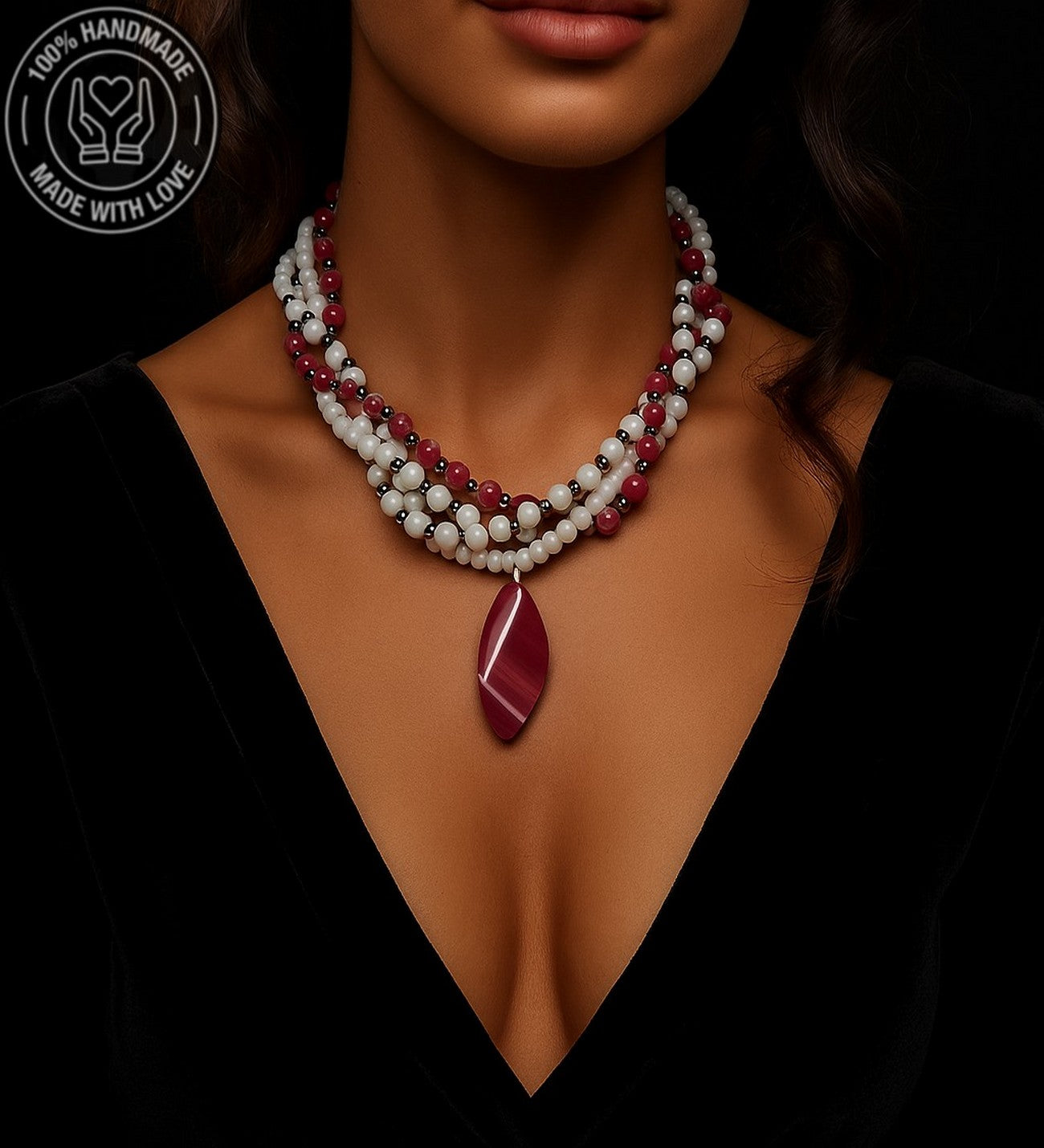 Pembe Akik Beyaz Akik Beyaz Kristal Üçlü Sevgi, Huzur Ve Arınma Kolyesi