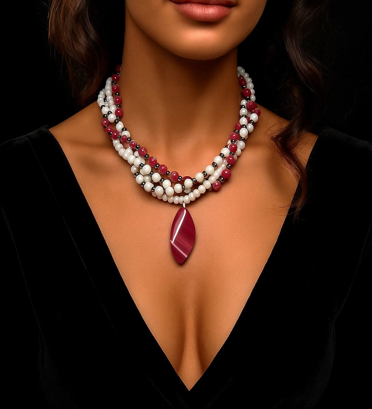 Pink Agate Natural Stone Necklace – White Agate, Love and Peace