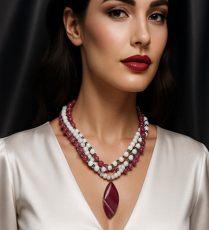Pink Agate Natural Stone Necklace – White Agate, Love and Peace