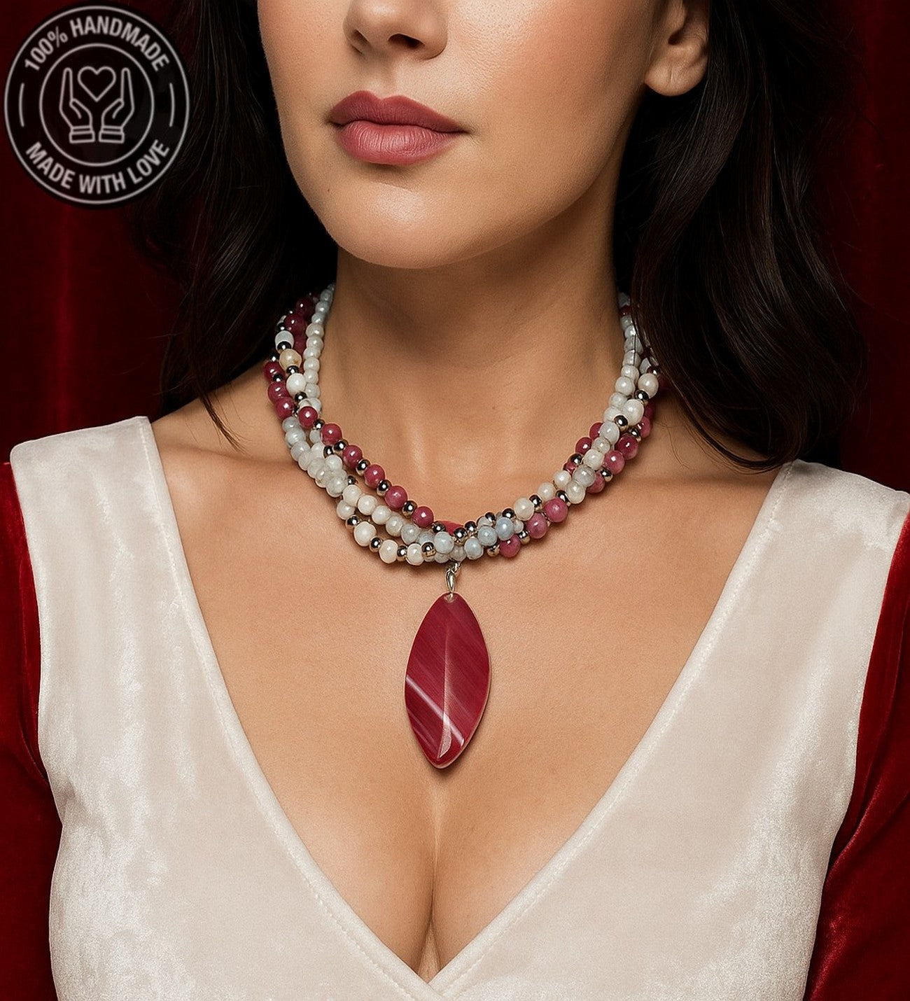 Pembe Akik Beyaz Akik Beyaz Kristal Üçlü Sevgi, Huzur Ve Arınma Kolyesi