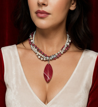 Pink Agate Natural Stone Necklace – White Agate, Love and Peace