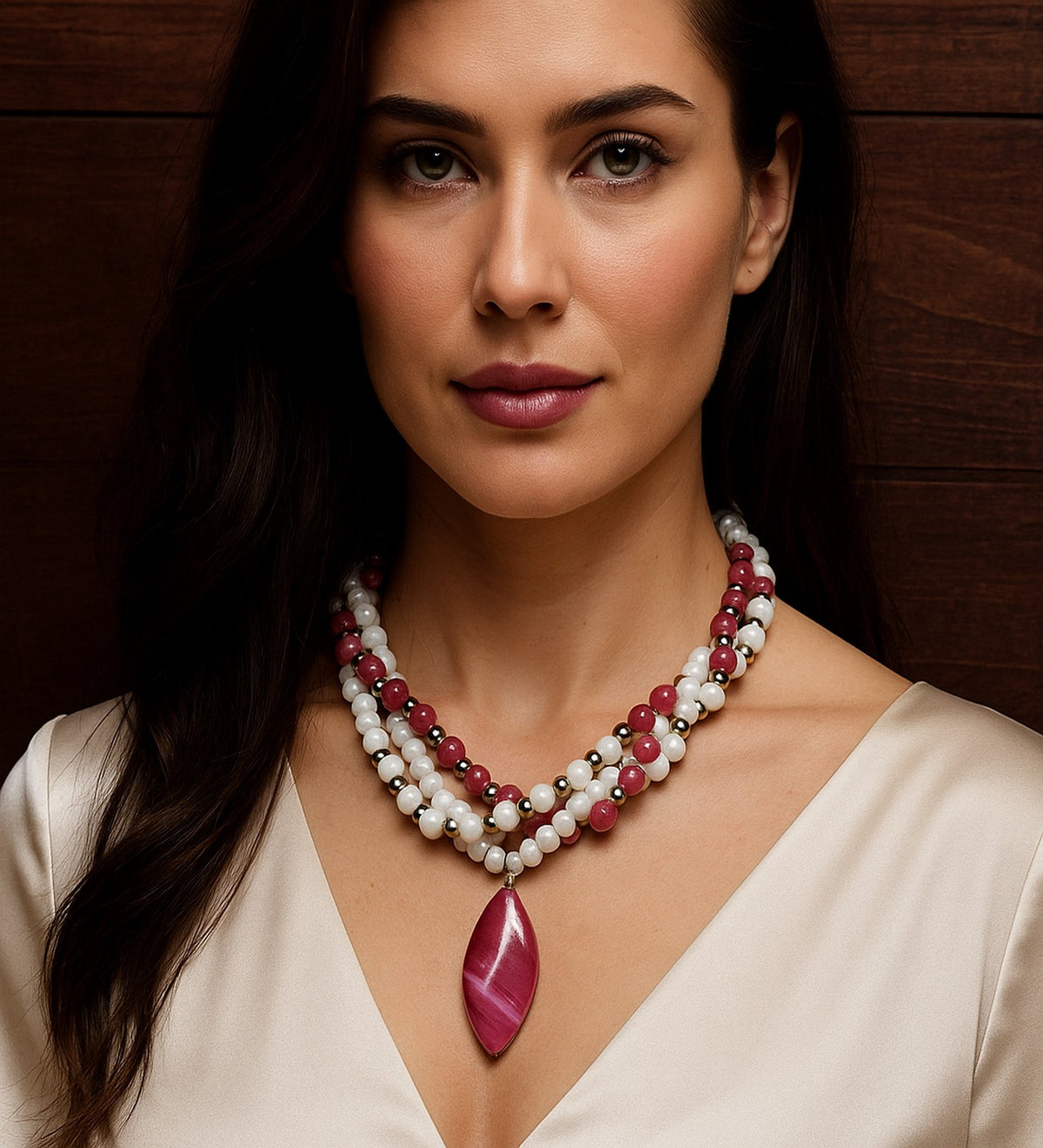 Pink Agate Natural Stone Necklace – White Agate, Love and Peace