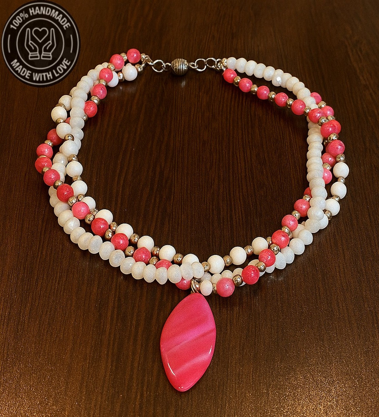 Pembe Akik Beyaz Akik Beyaz Kristal Üçlü Sevgi, Huzur Ve Arınma Kolyesi