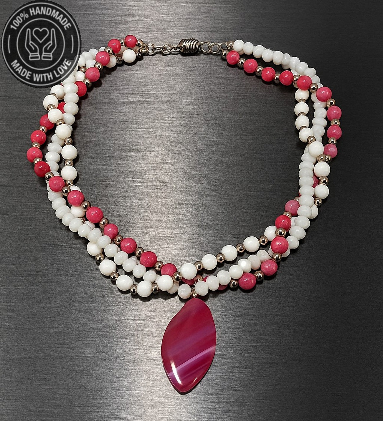 Pembe Akik Beyaz Akik Beyaz Kristal Üçlü Sevgi, Huzur Ve Arınma Kolyesi