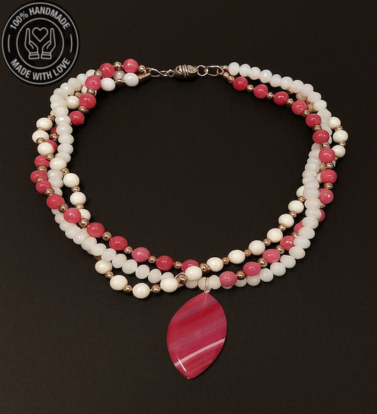 Pembe Akik Beyaz Akik Beyaz Kristal Üçlü Sevgi, Huzur Ve Arınma Kolyesi