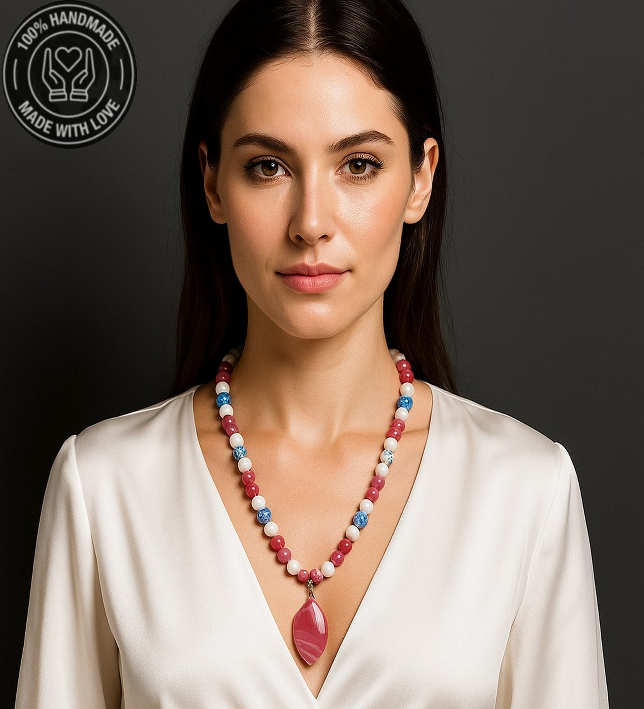 Pembe Akik Beyaz Akik Kalsedon Akik Uzun Kolye