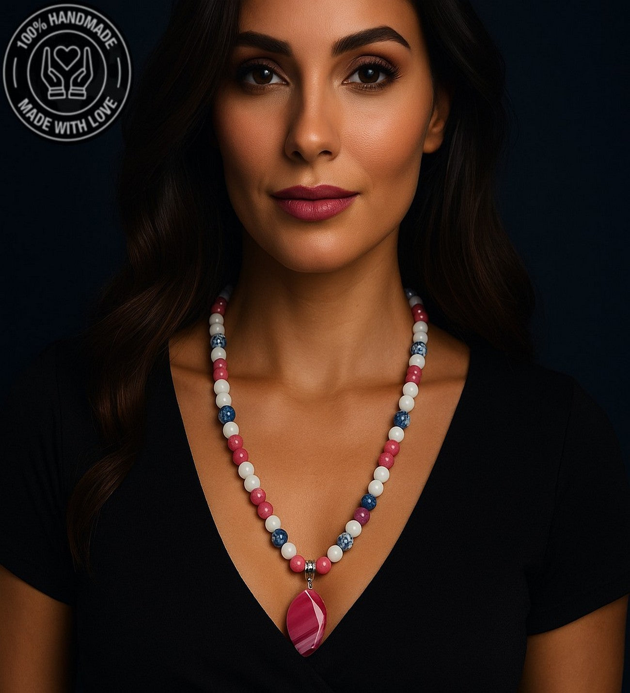 Pembe Akik Beyaz Akik Kalsedon Akik Uzun Kolye