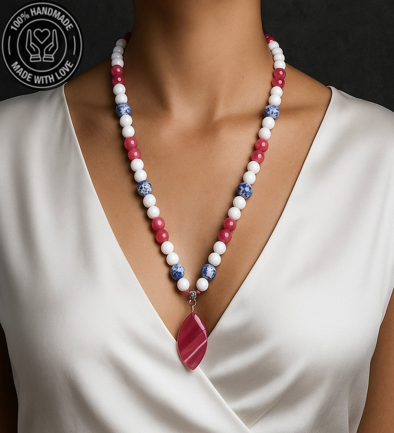 Pembe Akik Beyaz Akik Kalsedon Akik Uzun Kolye