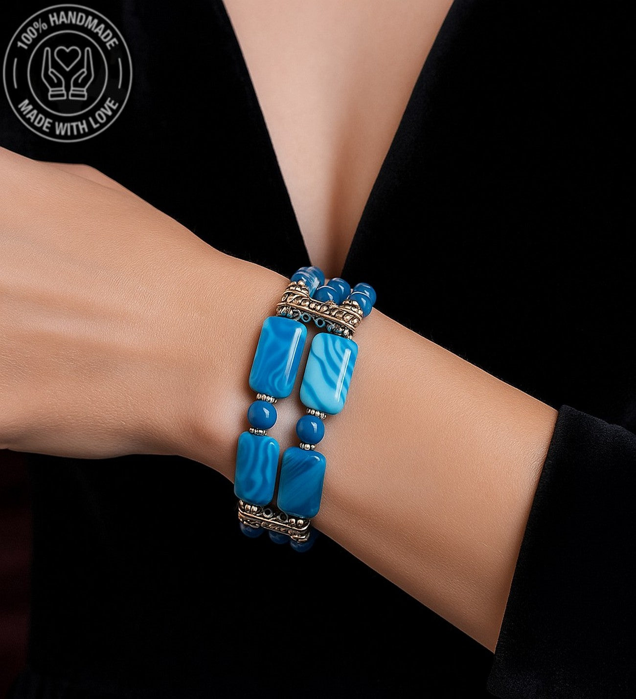 Mavi Akik Negatif Enerji Ve Nazar Kalkanı Iki Sıralı Premium Bileklik