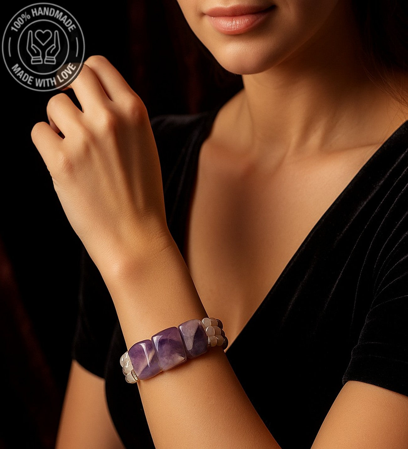 Premium Serisi Roleks Kesim Ametist Huzur, Sakinlik, Sezgi Için Iki Sıralı Bileklik