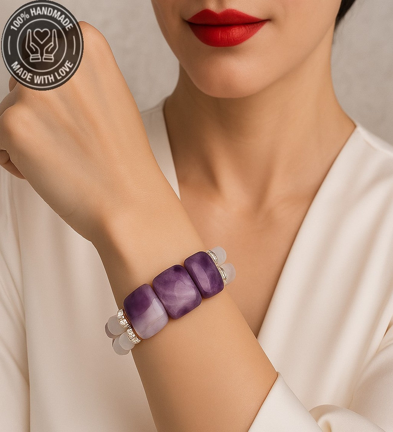 Premium Serisi Roleks Kesim Ametist Huzur, Sakinlik, Sezgi Için Iki Sıralı Bileklik