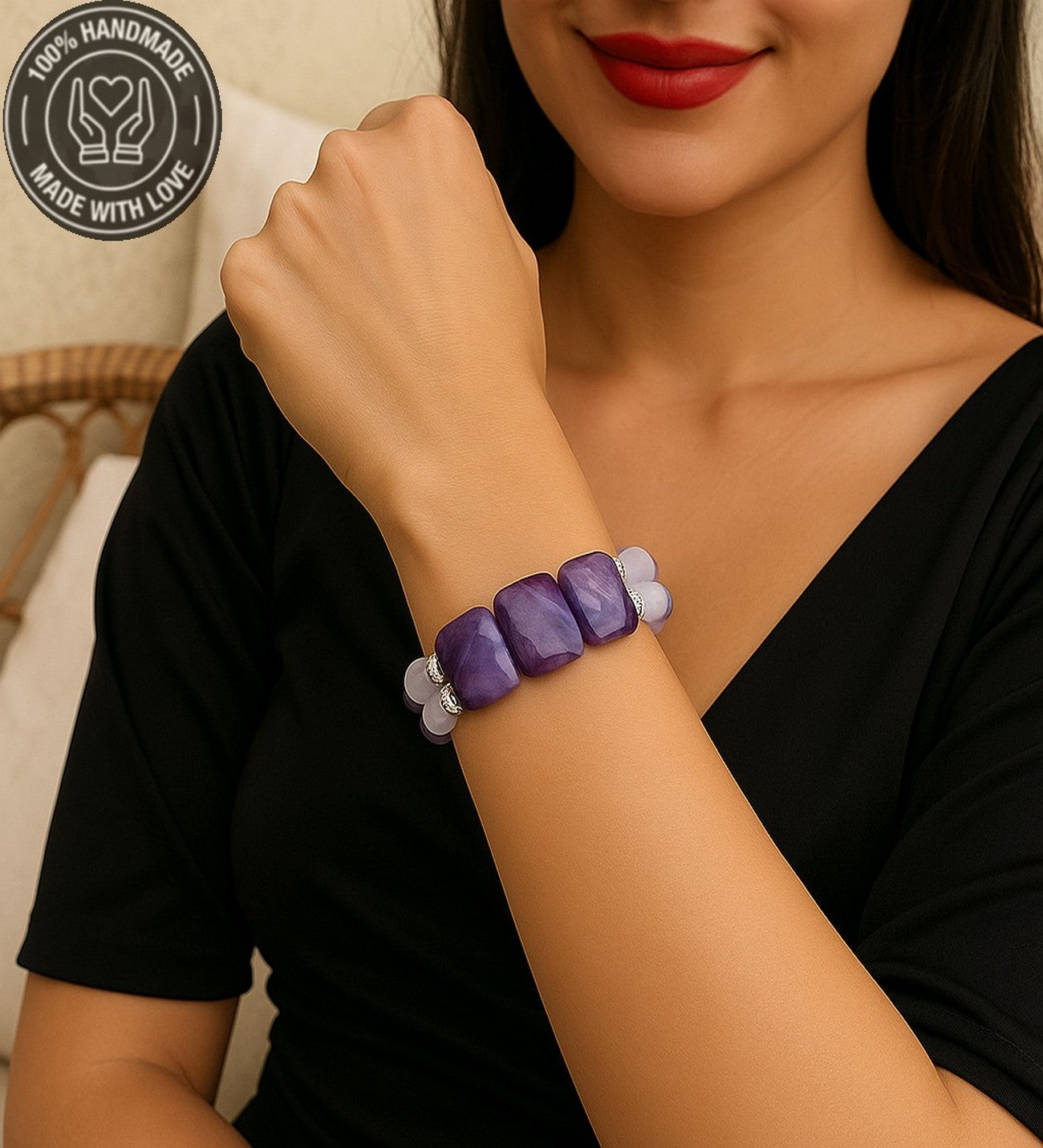 Premium Serisi Roleks Kesim Ametist Huzur, Sakinlik, Sezgi Için Iki Sıralı Bileklik