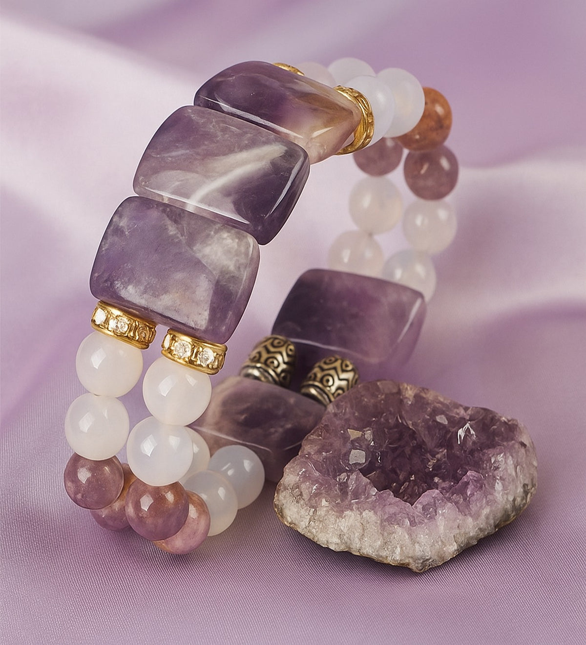 Premium Series Rolex Cut Amethyst 2-Strand Bracelet for Peace, Calm, Intuition