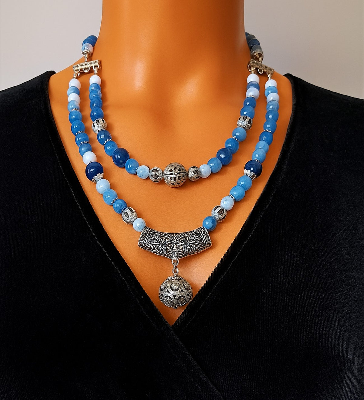 Agate 2-Strand Natural Stone Necklace – Jade, Evil Eye Protection and Balance