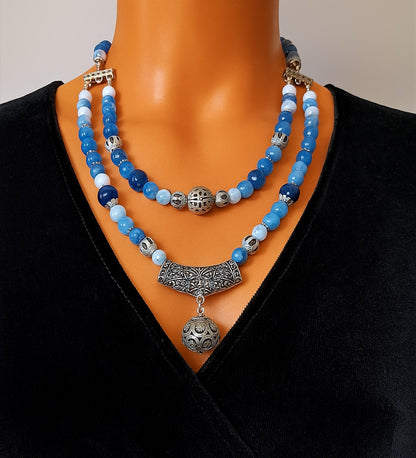 Agate 2-Strand Natural Stone Necklace – Jade, Evil Eye Protection and Balance