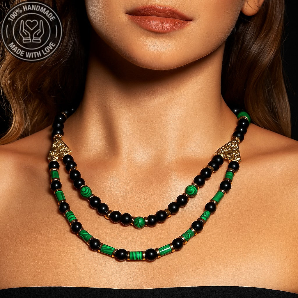 Oniks Malahit Güç Ve Nazar Koruma Enerjili Doğal Taş Kolye