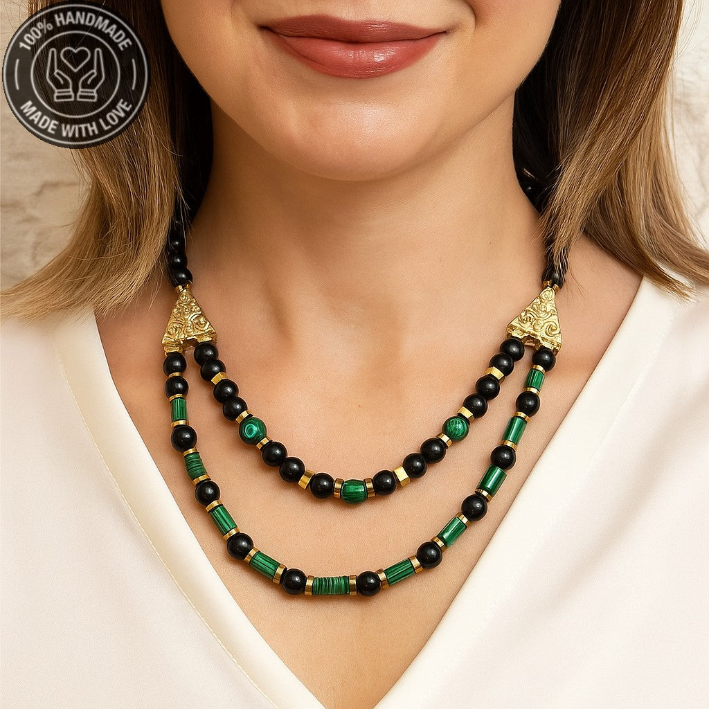 Oniks Malahit Güç Ve Nazar Koruma Enerjili Doğal Taş Kolye