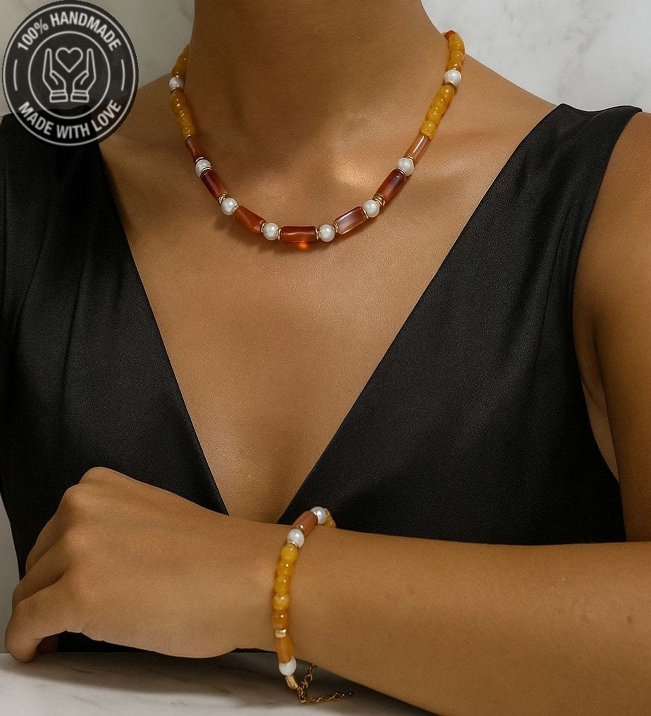 İnci Turuncu Akik Nazar Koruması ve Zarafet İçin Doğal Taş Premium Set