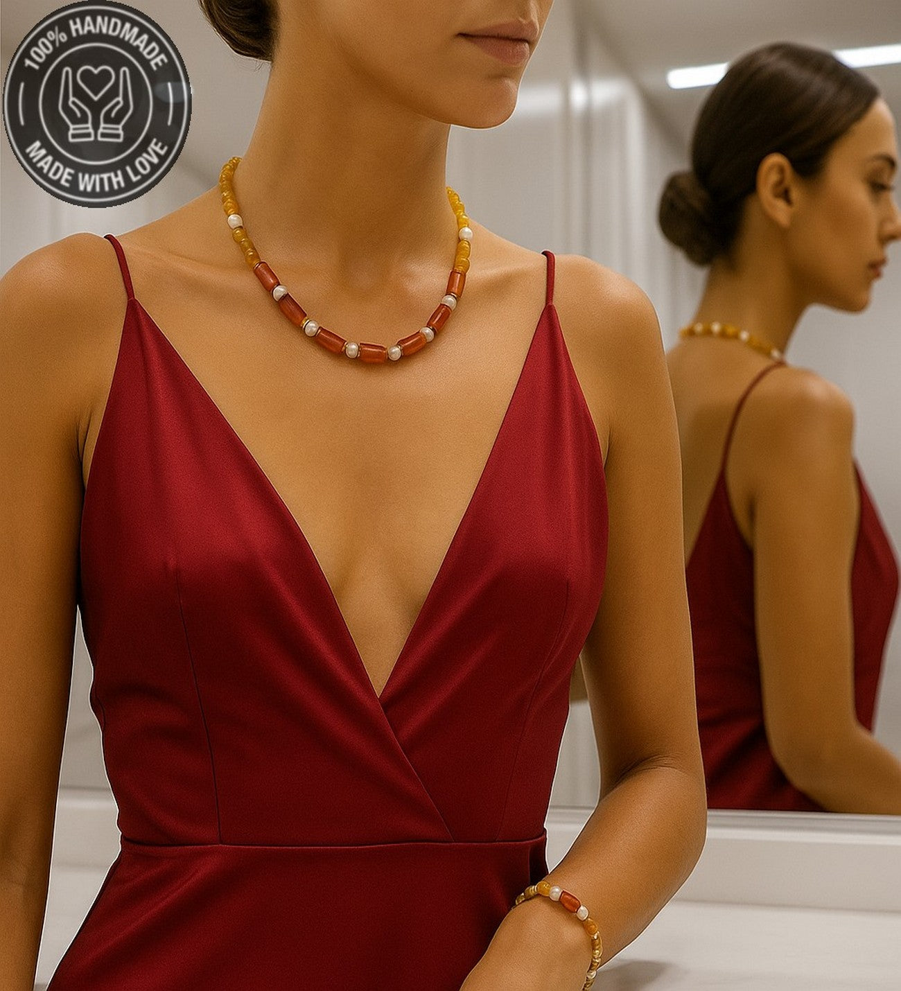 İnci Turuncu Akik Nazar Koruması ve Zarafet İçin Doğal Taş Premium Set