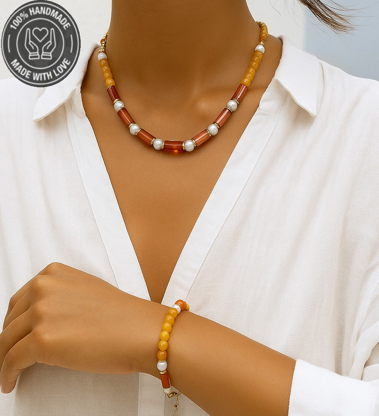 İnci Turuncu Akik Nazar Koruması ve Zarafet İçin Doğal Taş Premium Set