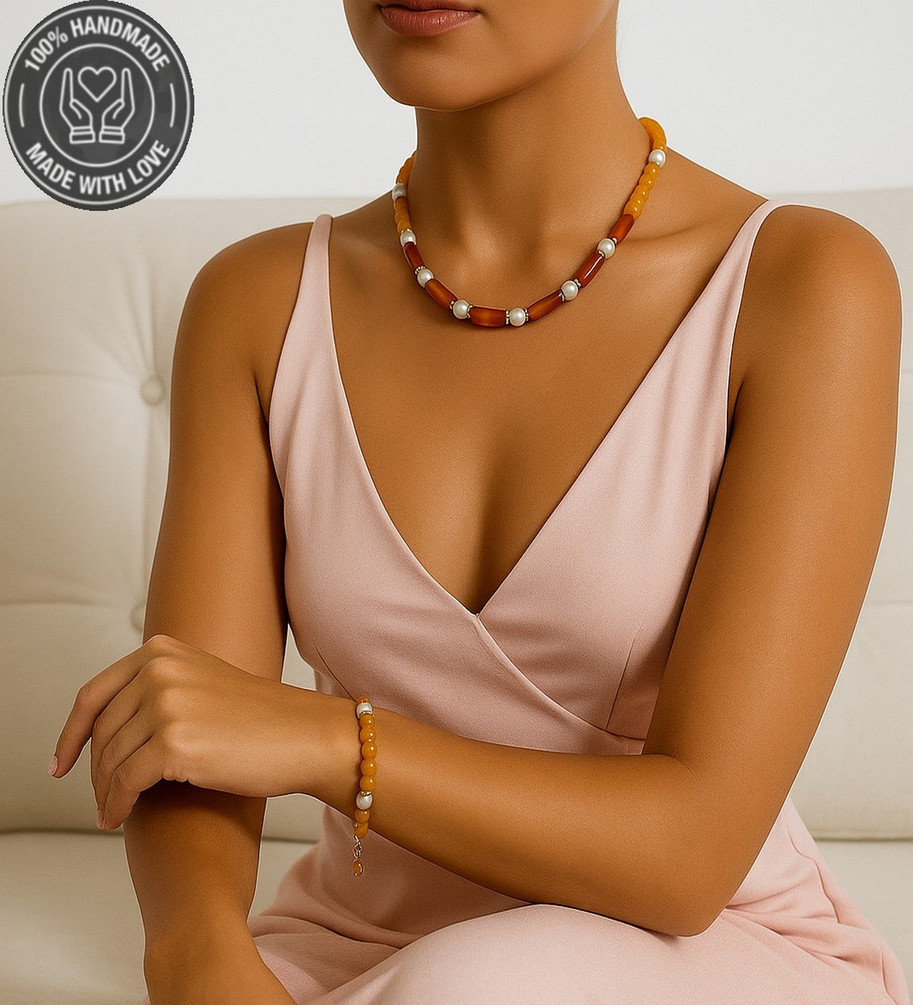 İnci Turuncu Akik Nazar Koruması ve Zarafet İçin Doğal Taş Premium Set