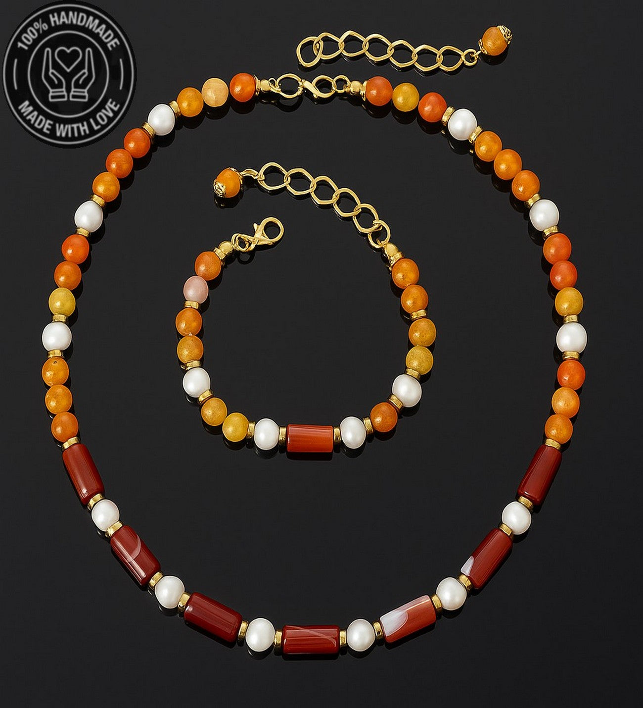 İnci Turuncu Akik Nazar Koruması ve Zarafet İçin Doğal Taş Premium Set