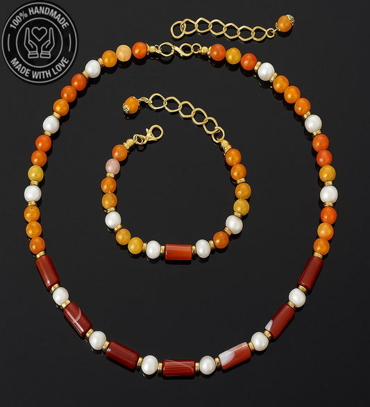 İnci Turuncu Akik Nazar Koruması ve Zarafet İçin Doğal Taş Premium Set