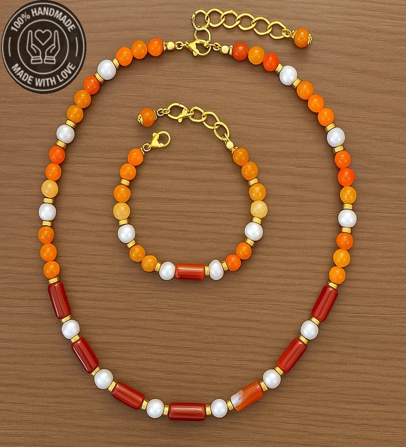 İnci Turuncu Akik Nazar Koruması ve Zarafet İçin Doğal Taş Premium Set