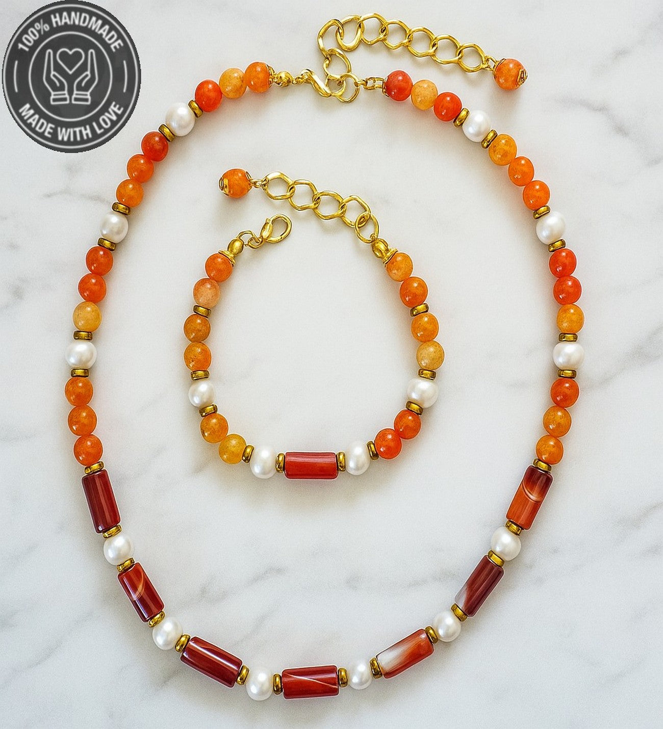 İnci Turuncu Akik Nazar Koruması ve Zarafet İçin Doğal Taş Premium Set