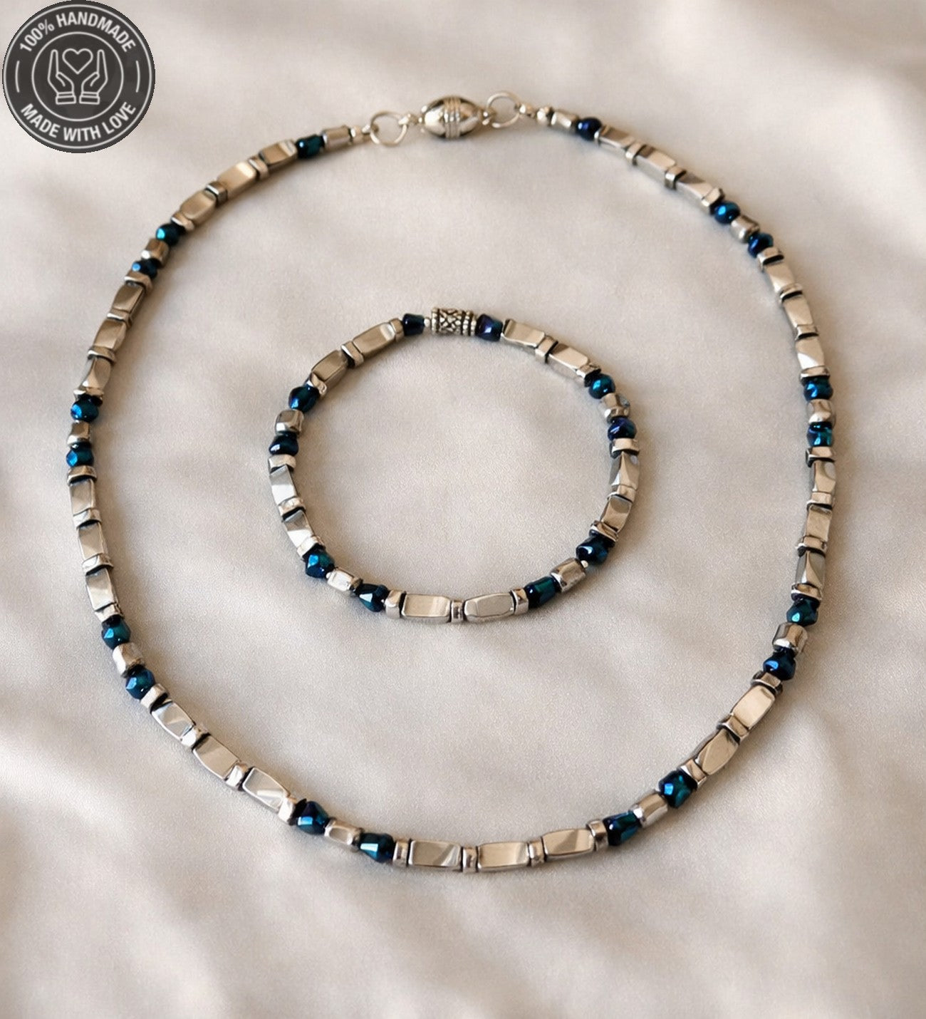 Mavi Hematit Gri Hematit Güç , Denge Ve Nazardan Koruma Kolye Bileklik Seti