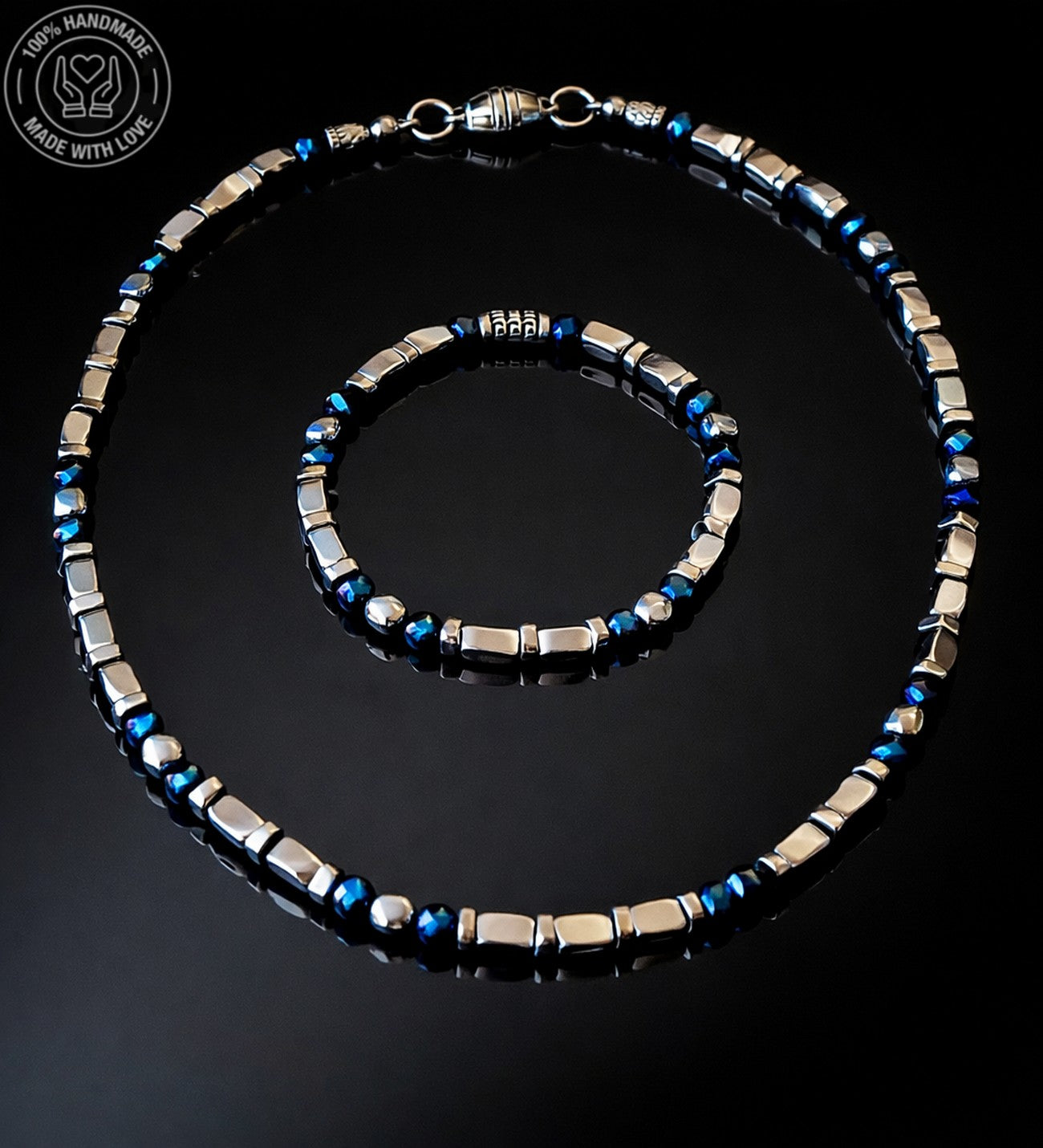 Mavi Hematit Gri Hematit Güç , Denge Ve Nazardan Koruma Kolye Bileklik Seti