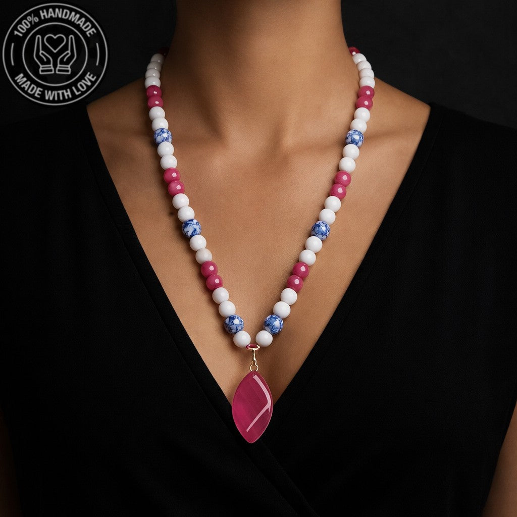 Pembe Akik Beyaz Akik Kalsedon Akik Uzun Kolye