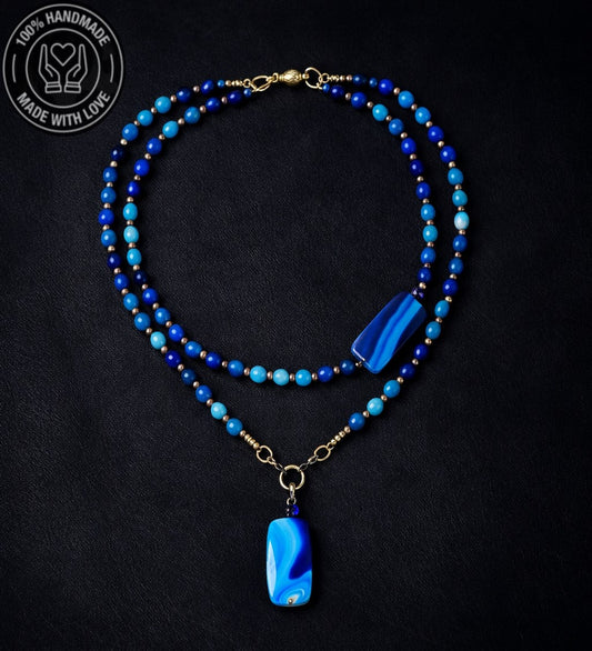 Mavi Akik Iki Sıralı Uzun Denge, Güç Ve Nazardan Koruma Kolyesi