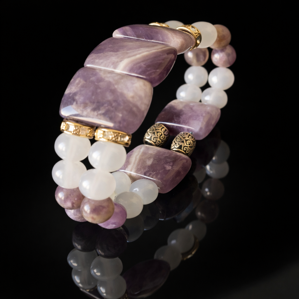 Premium Serisi Roleks Kesim Ametist Huzur, Sakinlik, Sezgi Için Iki Sıralı Bileklik