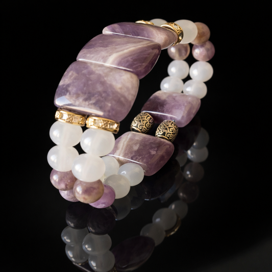 Premium Serisi Roleks Kesim Ametist Huzur, Sakinlik, Sezgi Için Iki Sıralı Bileklik