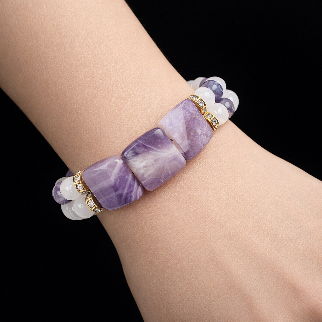 Premium Serisi Roleks Kesim Ametist Huzur, Sakinlik, Sezgi Için Iki Sıralı Bileklik