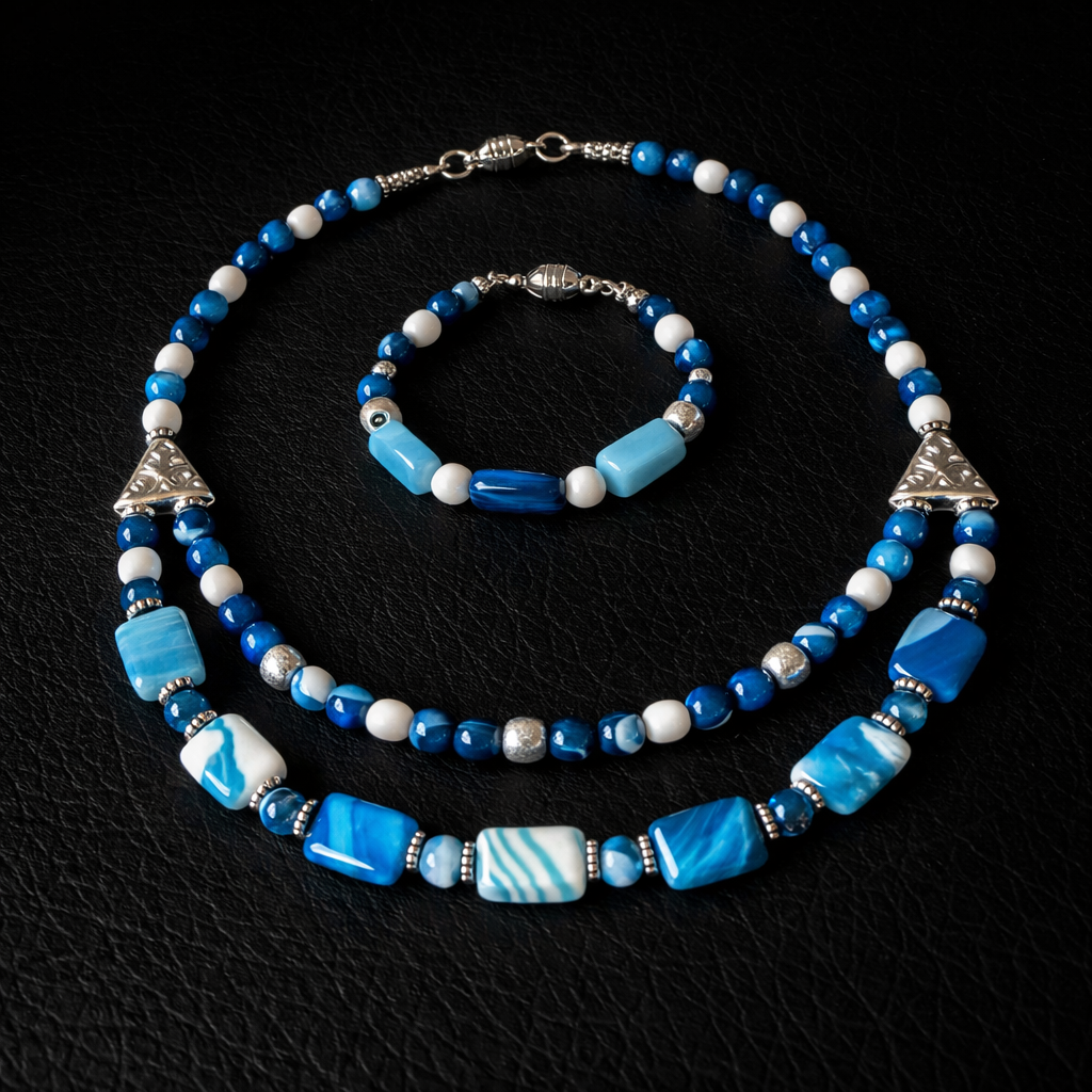 Premium Serisi Mavi Beyaz Akik 2 Sıralı Nazar Koruması Ve Zihinsel Berraklık Kolye Bileklik Seti