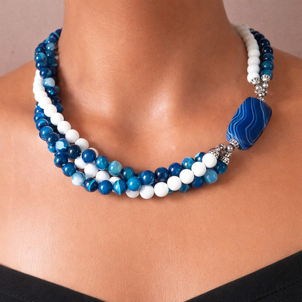 Premium Serisi Mavi Beyaz Akik Nazar Koruması Ve Zihinsel Berraklık Için Gerdanlık Kolye