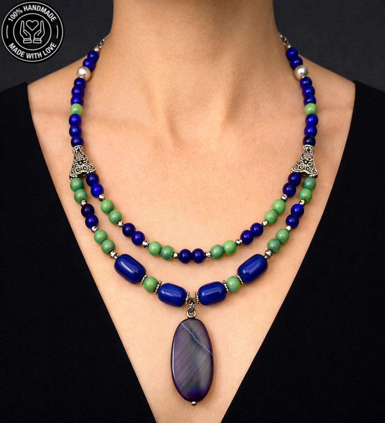 Mor Yeşil Ceyt Iki Sıralı Ruhsal Denge Cesaret Ve Negatif Enerji Kalkanı Kolye