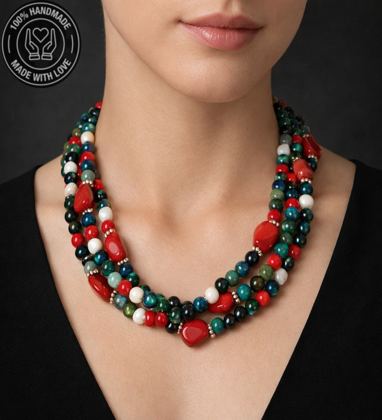 Mercan Akik Havlit Denge Huzur Ve Nazar Koruması Için 3 Sıralı Kolye